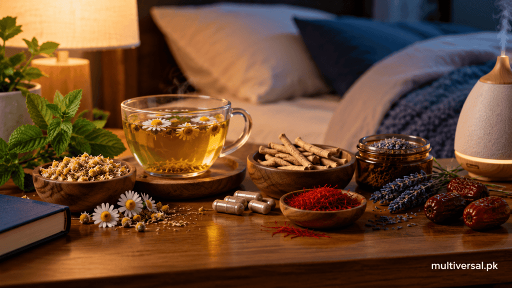 herbal remedies for sleep – chamomile tea, ashwagandha and saffron on a bedside table