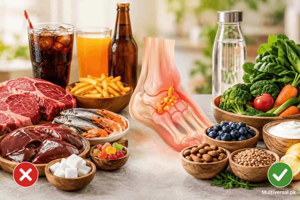 uric acid foods to avoid – red meat, soft drinks and fried snacks next to healthy vegetables and water